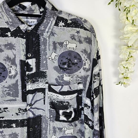 Vintage Mens Large Silk Button Up Gray Abstract Elephant Art Unique 80s Funky - Picture 4 of 12